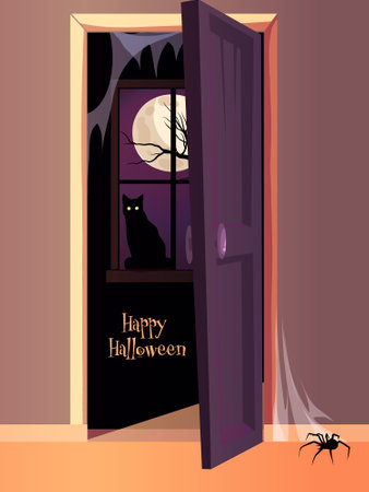 Halloween poster, black cat sitting on windowのイラスト素材