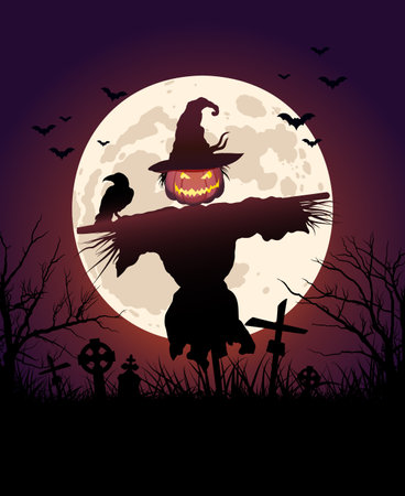 Scarecrow on background of full moon, graveyardのイラスト素材