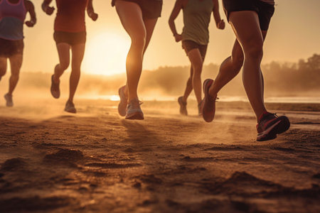 Legs runner group running on sunset seaside trail, Generative AIの素材