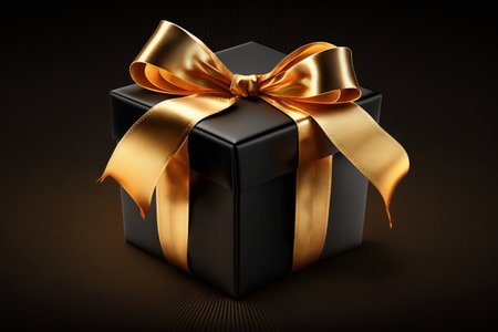 luxury Gift box with golden satin ribbon and bow on black background, Generative AIの素材