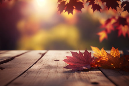 Green nature background, empty wooden table planks, autumn vibe. Generative AIの素材