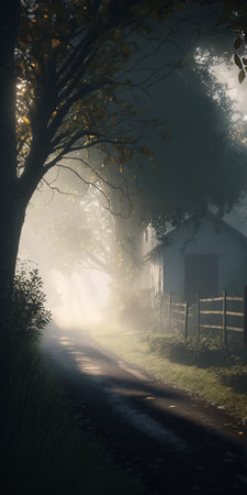 Sunrise, fog at forest, misty vertical background, Generative AIの素材