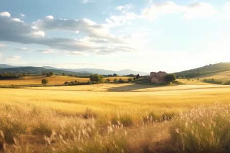 Yellow fields, hills, rural landscape at sunset. Generative AIの素材