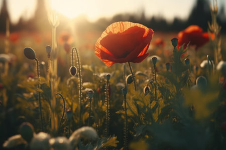 Red Poppy field at sunset, floral background, Generative Aiの素材