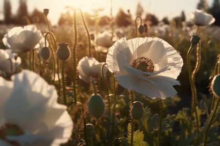 AI Generated Sunset Over Blooming white Poppy Fieldの素材