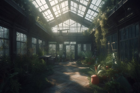 Greenhouse with sunlight, Botanical garden background, Generative AIの素材