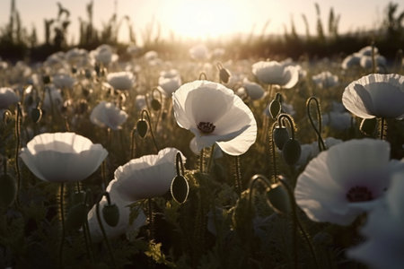 AI Generated Sunset Over Blooming white Poppy Fieldの素材