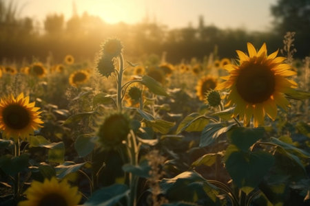 Close up Sunflowers at sunset, floral background, Generative Aiの素材