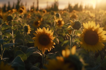 Close up Sunflowers at sunset, floral background, Generative Aiの素材