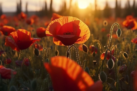 Red Poppy field at sunset, floral background, Generative Aiの素材
