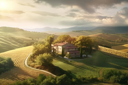 Green fields, hill and cottage, rural landscape at sunset. Generative AIの素材