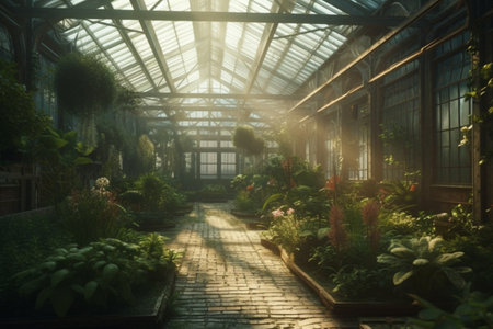 Greenhouse with sunlight, Botanical garden background, Generative AIの素材