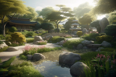 Oriental Japanese garden with sunlights, garden background, Generative AIの素材