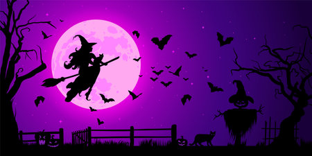Witch flying on a broom against violet full moonのイラスト素材
