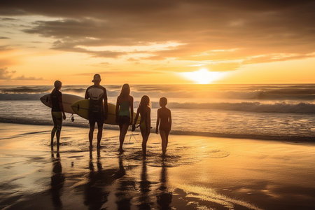 Family on beach at sunset, surfing lesson. Generative Aiの素材