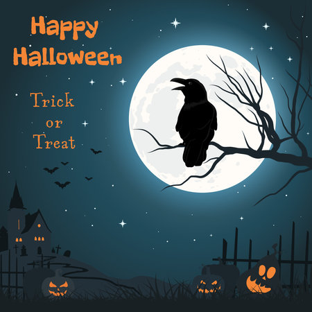 Halloween. Crow on tree brunch at moonlight nightのイラスト素材