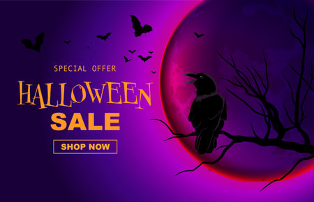 Halloween sale banner, full moon, flying batsのイラスト素材