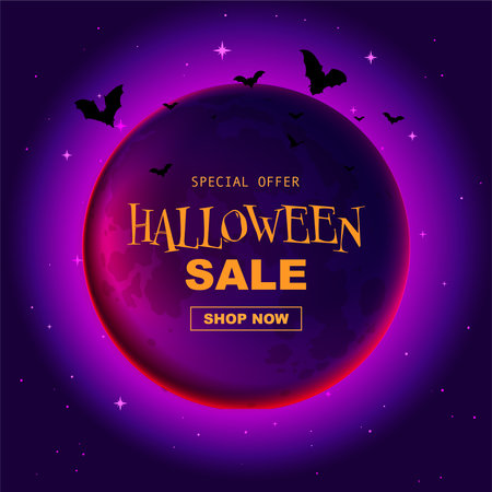 Halloween sale banner, full moon, flying batsの写真素材