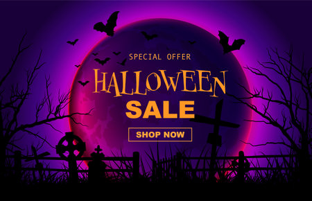 Halloween sale banner, full moon, flying batsの写真素材