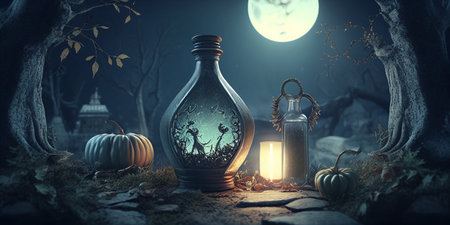 Halloween Background. Witchcraft, brew, magic creepy illustration. Generative AIの素材