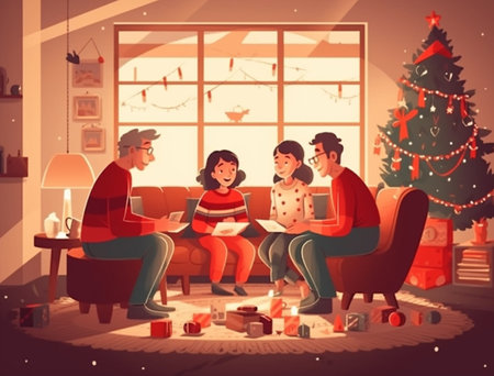 Christmas cozy happy family cartoon illustration. Generative AIの素材