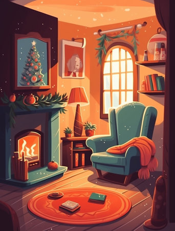 Christmas cozy room, cartoon illustration. Generative AIの素材