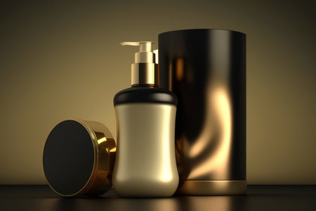 Makeup products, beauty luxury black gold background, skincare concept. Generative Aiの素材