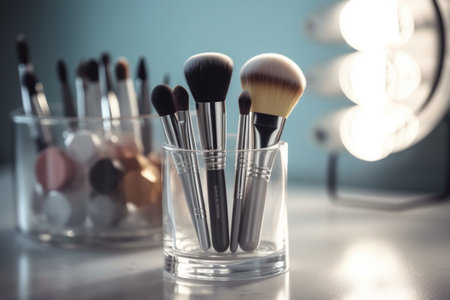 Makeup brushes, cosmetics background. Generative AIの素材