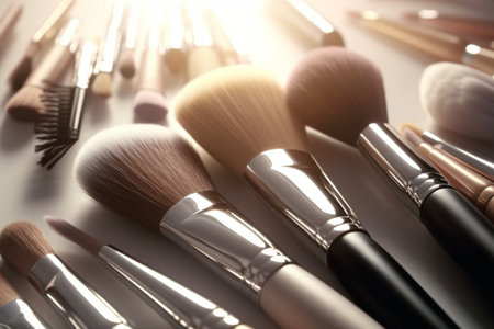 Makeup brushes, cosmetics background. Generative AIの素材