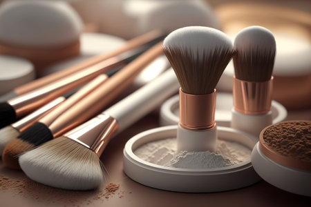 Makeup brushes, cosmetics background. Generative AIの素材