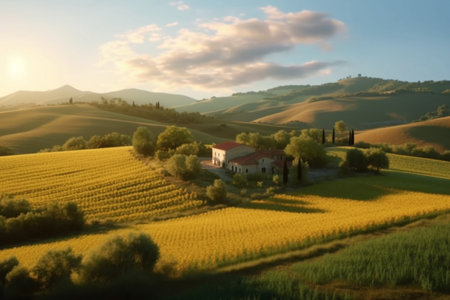 Green fields, hill and cottage, rural landscape at sunset. Generative AIの素材