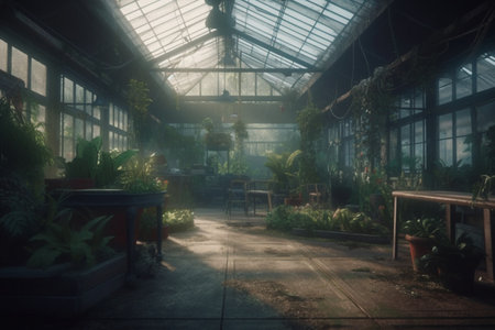 Greenhouse with sunlight, Botanical garden background, Generative AIの素材