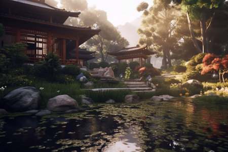 Oriental Japanese garden with sunlights, garden background, Generative AIの素材