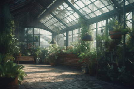 Greenhouse with sunlight, Botanical garden background, Generative AIの素材