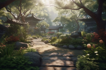 Oriental Japanese garden with sunlights, garden background, Generative AIの素材