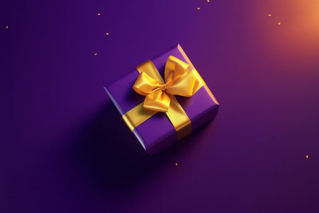 Violet Gift box with satin ribbon and bow on Violet background. Generative AIの素材