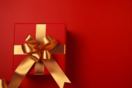 Red Gift box with satin ribbon and bow on Violet background. Generative AIの素材