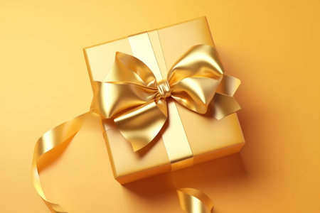 Yellow Gift box with satin ribbon and bow on Violet background. Generative AIの素材