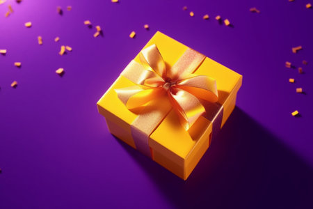 Yellow Gift box with satin ribbon and bow on Violet background. Generative AIの素材