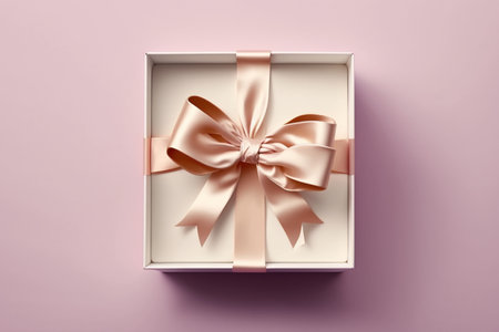 Light pink Gift box with satin ribbon and bow on purple background. Generative AIの素材