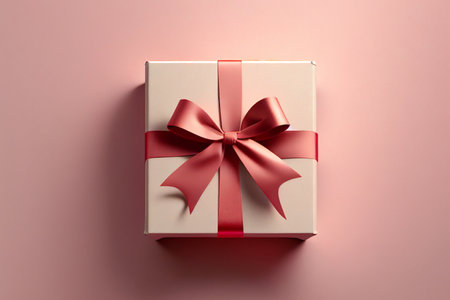 Light pink Gift box with satin ribbon and bow on purple background. Generative AIの素材