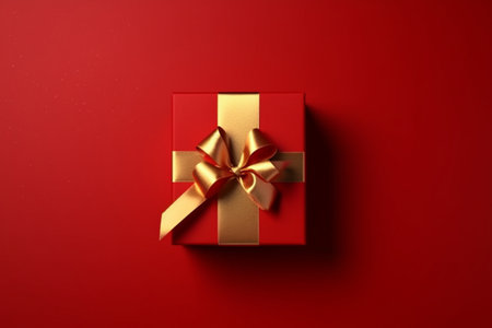 Red Gift box with satin ribbon and bow on Violet background. Generative AIの素材