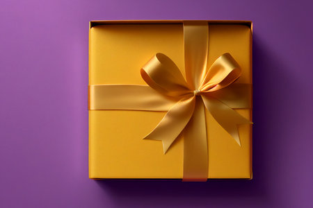 Yellow Gift box with satin ribbon and bow on Violet background. Generative AIの素材