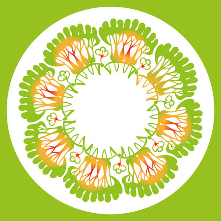 Circle frame with flowers on a green background. Vector illustration.のイラスト素材