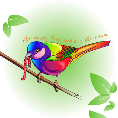 Proverb - the early bird catches the worm. A colorful image of a birdのイラスト素材