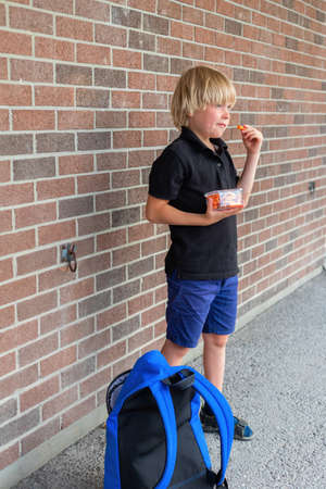 Little student standing along school building brick wall and having snack of carrots.の写真素材