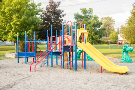 Playground without people in the public park near schoolの写真素材