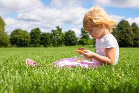 Little child sitting on the grass in the meadow and having snack on a sunny summer day.の写真素材