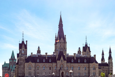 Ottawa, Canada - May 23, 2021: Parliament building in the capital of Canada, Ottawa against blue sky. Parliament hill. West blockのeditorial素材