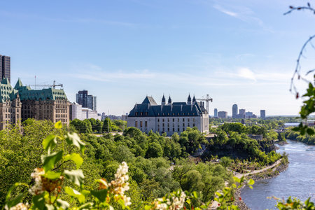 Canada, Ottawa - May 23, 2021: Panoramic view of Ottawa River and Supreme Court of Canada from the hill on a sunny summer day.のeditorial素材